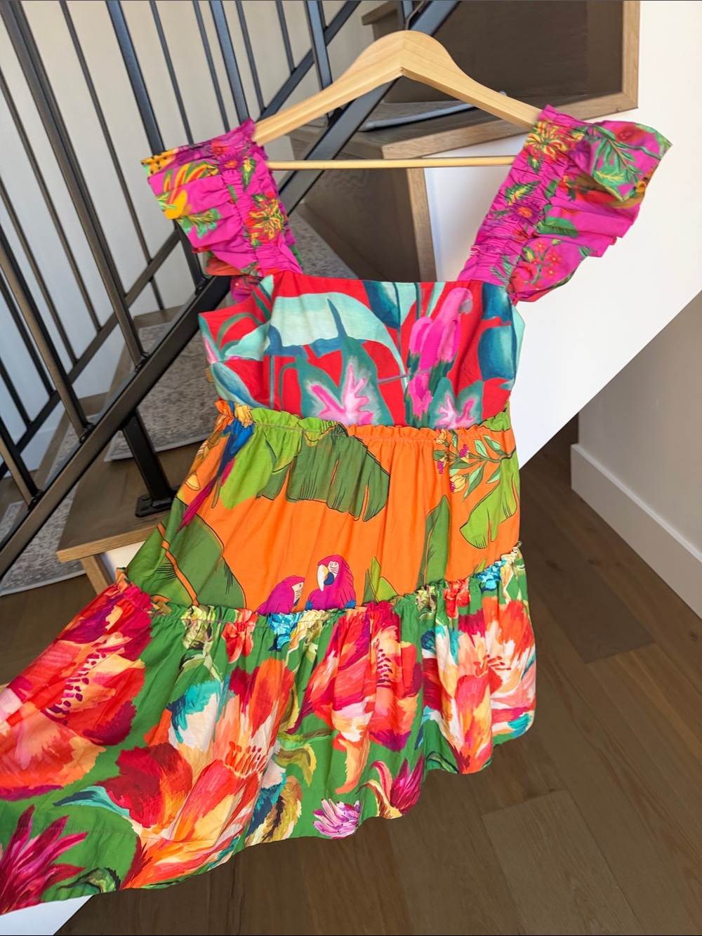 FARM Rio Bright Floral Tiered Mini Dress in Pink, Orange, Green, Red - Picture 3 of 3